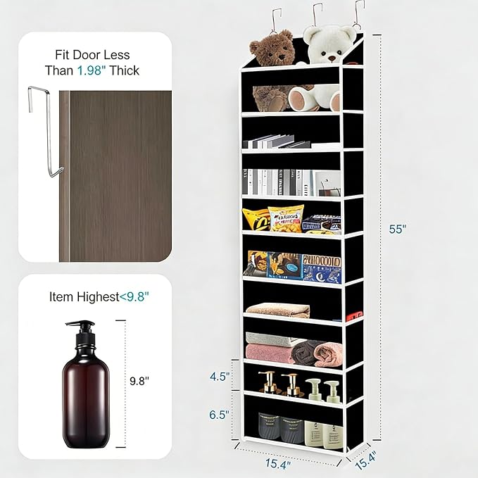 Over The Door Organizer Closet,5 Bins 10 Side Pockets,Hanging Organizer,Anti Tilt 44 lbs Load Door Organizers and Storage with Clear Window for Bedroom,Nursery,Rv,Bathroom,Camper(Pure Black)