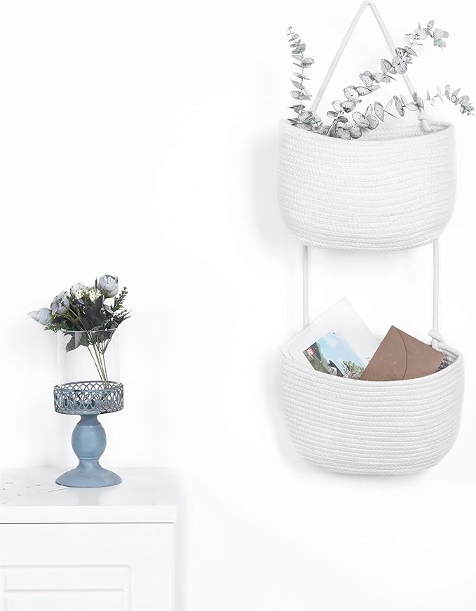 Over The Door Hanging Basket, 2 Tier Cotton Rope Woven Baskets, Magazine Racks, Wall Mount Hanging Storage Baskets,Decorative Door Organizers for Living Room, Bathroom and Bedroom (White)