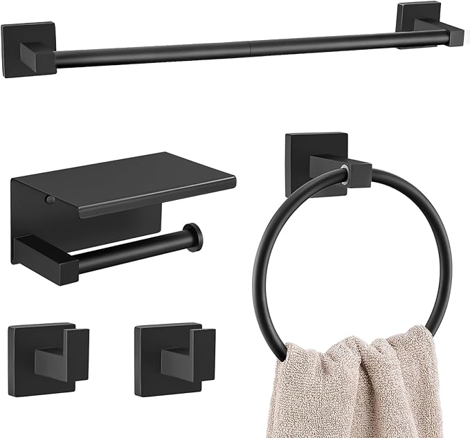 5-Piece Bathroom Hardware Set Black Bathroom Hardware Accessories Set Upgraded Toilet Paper Holder with Shelf Towel Holder Set for Bathroom Stainless Steel Wall Mounted