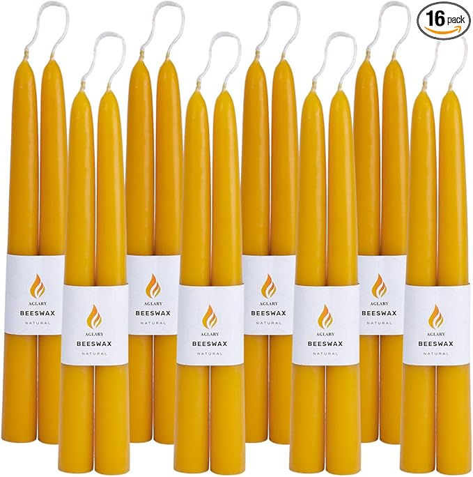 16PCS Beeswax Taper Candles, 9" Handmade Natural Candles, Dripless and Smokeless，9 Hour Burn Time