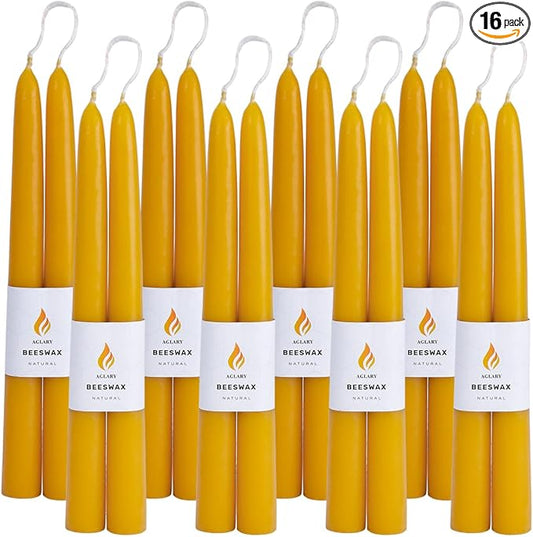 16PCS Beeswax Taper Candles, 9" Handmade Natural Candles, Dripless and Smokeless，9 Hour Burn Time