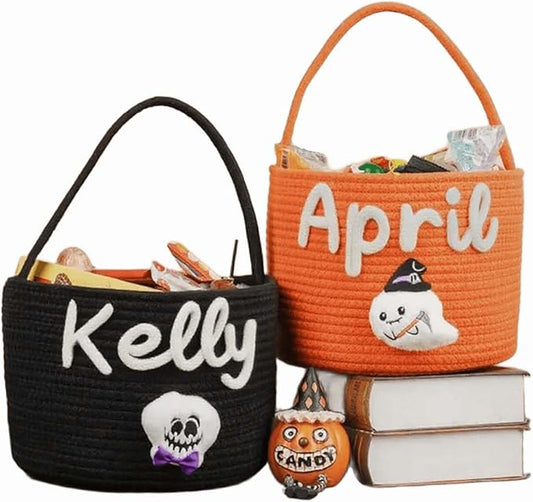 Personalized Halloween Candy Bucket, Custom Baby Name Trick or Treat Baskets Customized Monogrammed Cotton Tote Basket Toys Storage Basket Gifts for Boys Girls Halloween