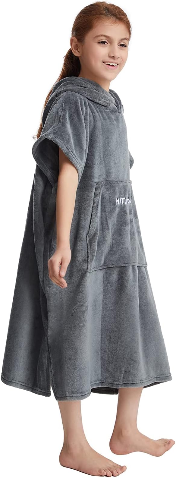 Hiturbo Kids Towel Changing Robe: Soft Plush Bath Towels - Warm Coral Fleece Hoodie - Swim Surf Poncho for 5-12 Years (Gray)