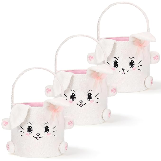 Mimorou 3 Pack Plush Bunny Easter Basket Sherpa Easter Bucket with Rabbit Ears Decorative Bow Large Bunny Tote Bags Ideal for Egg Hunt, Party Favors, Decorations & Storage(White)