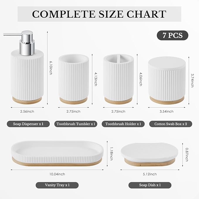 7PCS Bathroom Accessories Set, with Soap Dispenser, Q-tip Holder, Toothbrush Holder, Tumbler, Soap Dish, Vanity Tray, Bathroom Set Complete Organizer Countertop for Modern Decor, White