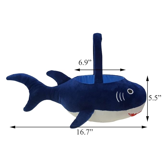 DearSun Exquisite Embroidery 3D Plush Shark Basket - Personalized Easter Egg Hunting Basket - Blue, Round, Velvet