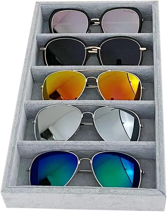 5-Slot Luxurious Gray Velvet Premium Grade Drawer Divider Eyewear Storage Sunglasses Jewelry Tray Organizer