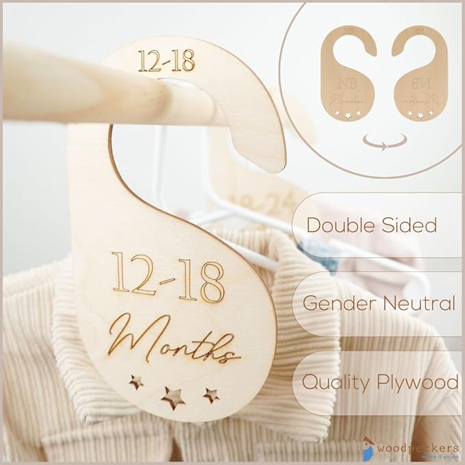 Baby Closet Dividers, Set of 7 Baby Clothes Organizer, Double Sided Wooden Baby Closet Organizer for Nursery, Size Newborn to Toddler, Baby Clothes Dividers for Closet Hanging on Standard Rod