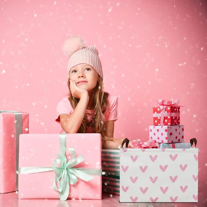 Rectangle Pink Valentine Gift Basket Empty with Handles for Kids,Cute Organizer Toy Bin,Gift Basket for Girls/Kids(Pink Lovely Heart)