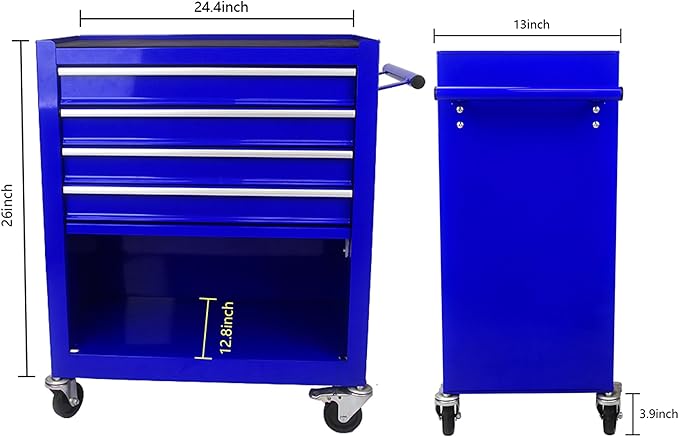 4-Drawer Rolling Tool Chest Cabinet, Large Capacity Metal Tool Box with Wheels, Storage Organizer Tool Cart for Garage, Warehouse, Work Shop (Blue)