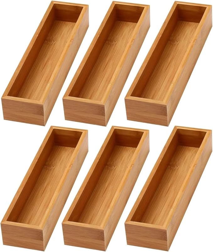 YBM Home Bamboo Drawer Organizer Storage Box for Kitchen Drawer, Junk Drawer, Office, Bedroom, Children Room, Craft, Sewing, and Bathroom, 6 Pack 3x12x2 inch