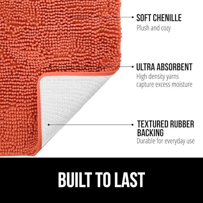 GORILLA GRIP Plush Absorbent Shaggy Chenille Bath Rug Mat for Square Toilet Base with Rubber Backing, Machine Washable Rugs, Soft Microfiber Contour Mats for Toilets, Bathroom Decor, Coral