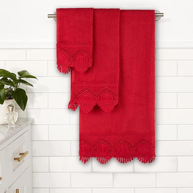 3 Piece Laced Bath Towels Set for Bathroom, Bath, Hand & Wash Cloths, Decorative Stylish Plush Cotton Washcloths - Showering, Face & Body Washing, Airbnb Essentials & Host Accessories, Red