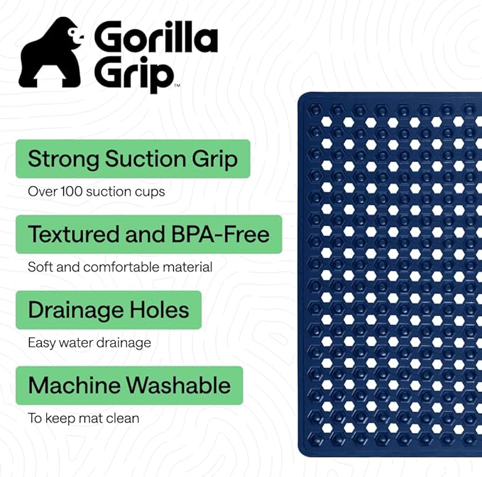 GORILLA GRIP Patented Square Shower Stall Mat, Small Bathtub Floor Mats for Stand Up Showers, Suction Cups and Drainage Holes, Machine Wash, Soft on Feet, Bathroom Accessories 21x21 Inch, Navy Blue