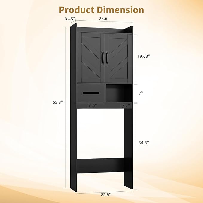 IDEALHOUSE Over The Toilet Storage Cabinet,Bathroom Organizers and Storage with Anti-Tip Device and Adjustable Shelf for Bathroom,Restroom,Laundry,Black