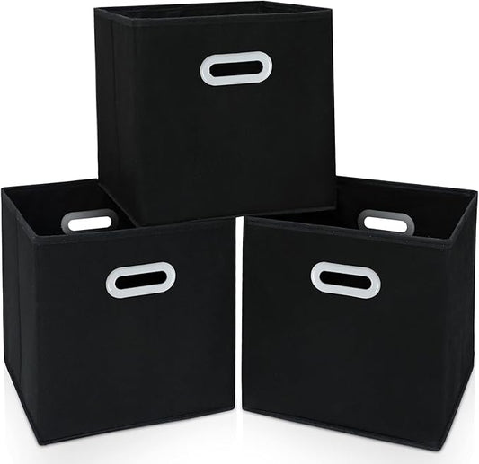 Fabric Cloth Storage Bins,Cube Organizer with Dual Handles Foldable Baskets for Home Bedroom,Set of 3, Black