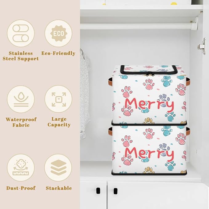 Custom Cute Footprint Storage-Bin With Zipper Lid for Kids-Girls-Boys-Baby-Pet,Personalized Name Foldable Storage Box with Handle,Baby Basket With Label for Bedroom Nursery Toy Clothes,White