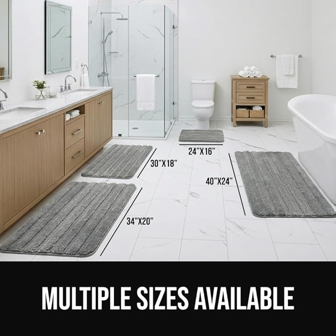 GORILLA GRIP Textured Backing Bathroom Rugs, Soft Memory Foam Absorbent Striped Bath Mats, Machine Washable & Fade Resistant, Bathmat Accessories for Floor, Home Decor Shower Essentials, Grey 40x24