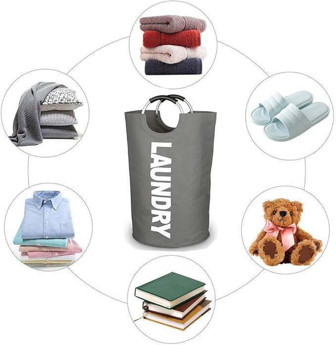 Mziart Thicken Laundry Hamper Tote with Alloy Handles, Heavy Duty and Durable Canvas Clothes Storage Bag Washing Bag, Collapsible and Self Standing as Laundry Basket (Dark Grey)