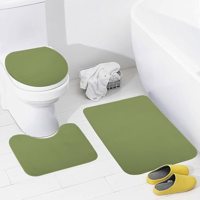 3 Pieces Bath Rug Sets, Light Green Trend Color Bathroom Mat Set Non Slip U Shaped Contour Rug & Toilet Lid Cover