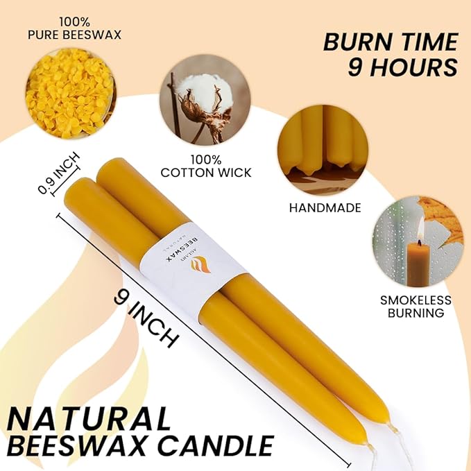 2PCS Beeswax Taper Candles, 9" Handmade Natural Candles, Dripless and Smokeless，9 Hour Burn Time