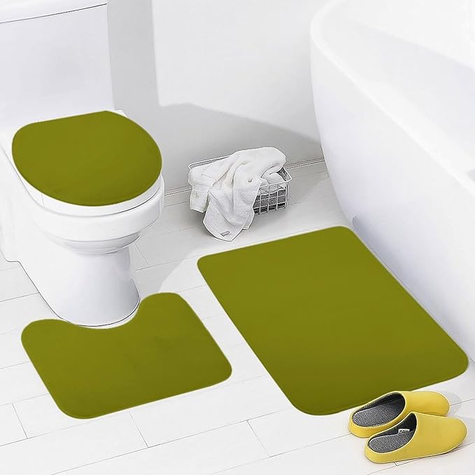 3 Pieces Bath Rug Sets, Olive Green Color Bathroom Mat Set Non Slip U Shaped Contour Rug & Toilet Lid Cover