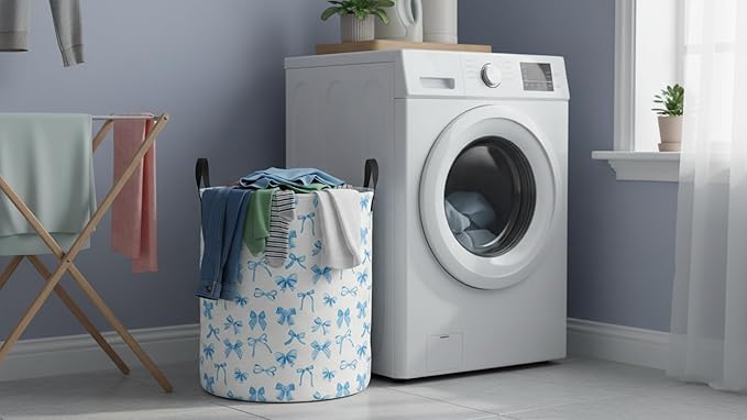 CLOCOR Round Collapsible Flat Storage Basket,Space-Saving Fabric Laundry Hamper for Clothes,Nursery Hamper,Gift Basket(Blue Bowknot)