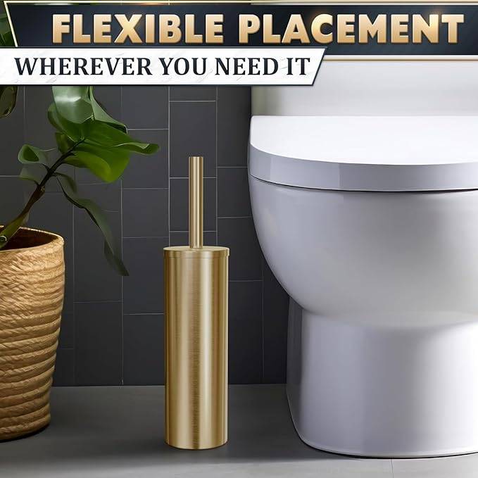 2 PCS Gold Toilet Brush and Holder Set - Brushed Stainless Steel Gold Toilet Bowl Brush and Holder with Replacable Head, Removable Inner Bowl, and Splash Protection - Dense Bristles for Cleaning