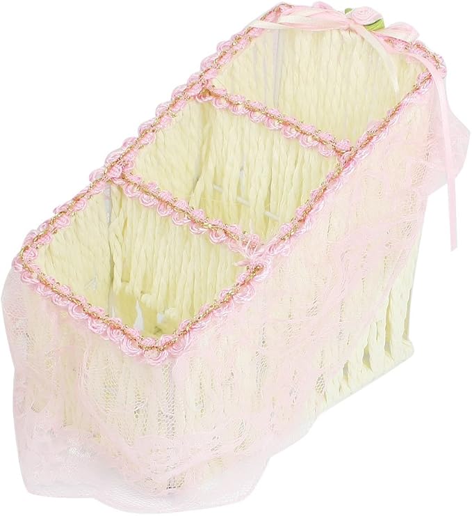 Lace Rim Flower Decor Ladder Shaped Straw Weave Basket Pink Beige (id: 8dd 547 0aa 548 d61
