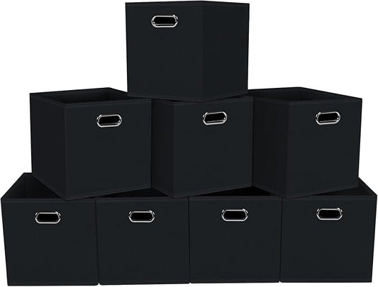Fabric storage bins Cubes, Fabric Cube Organizer with Handle, Foldable Cube Bins for Cloth or Accessary Storage, 11x11x11, Set of 8, (Black)