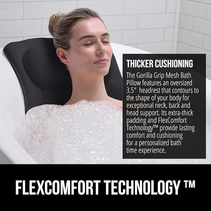 GORILLA GRIP Bath Pillow for Tub, Strong Suction Cups, Headrest with Mesh FlexComfort Technology, Neck, Head and Back Support, Luxury Machine Wash Bathtub Pillows, Spa Essential Accessories, Black