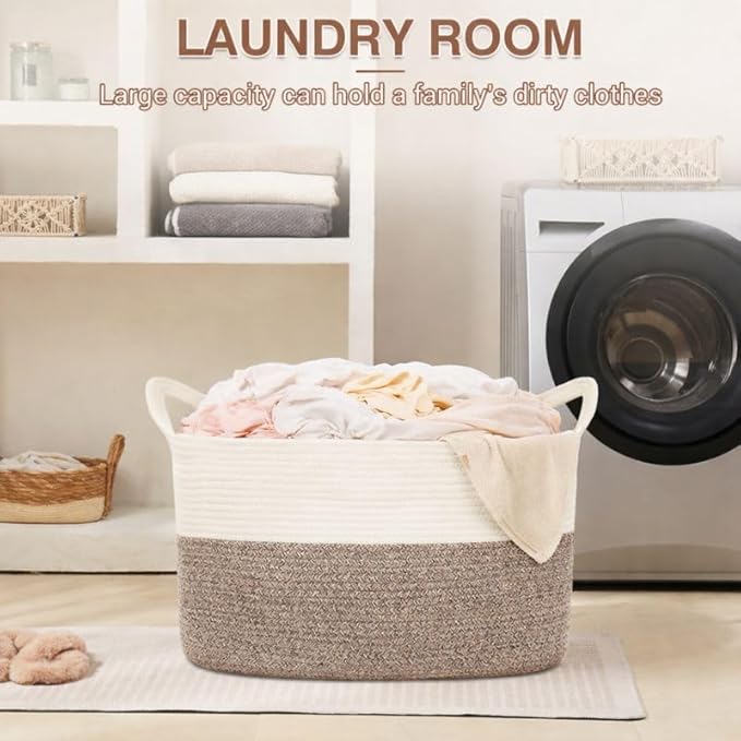 YOUDENOVA Nursery Storage Basket，21.6''×14.9''×11.8'' Rectangle Cotton Rope Blanket Basket, Nursery Laundry Hamper for Organizing，Toy Basket for Living Room, Bedroom