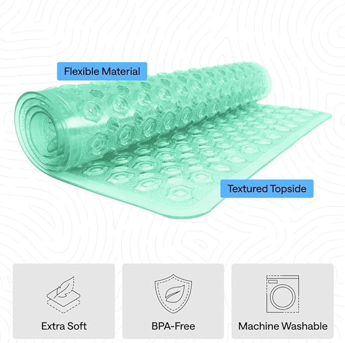 GORILLA GRIP Patented Bath Tub Shower Mat, Machine Washable Bathtub Floor Liner Mats, Suction Cups and Drain Holes to Keep Tubs Clean, Soft on Feet, Bathroom Essentials, 35x16 Inch, Clear Green