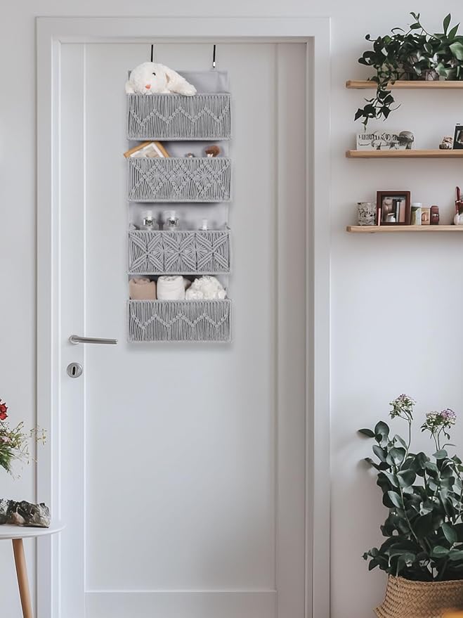 Macrame Over the Door Organizer Boho Decor Nursery Storage, Leaf Weaving Closet Storage, 4 Hanging Pockets, Behind Door for Bathroom, Bedroom,Grey