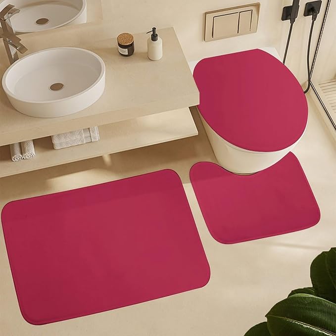 3 Pieces Bath Rug Sets, Solid Magenta Red Bathroom Mat Set Non Slip U Shaped Contour Rug & Toilet Lid Cover