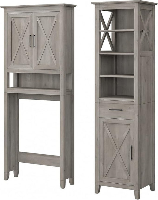 Bush Furniture Key West Tall Linen Cabinet and Over The Toilet Storage Cabinet in Driftwood Gray