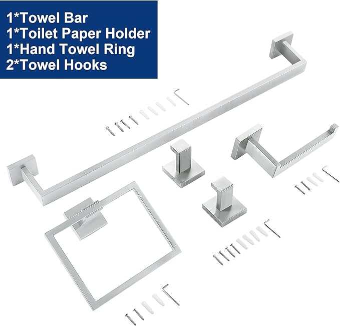 5 Pieces Bathroom Hardware Accessories Set Brushed Nickel, 16Inch Square Towel Racks Set for Bathroom, SUS304 Stainless Steel Towel Bar Set, Bath Accessories Sets Wall Mounted