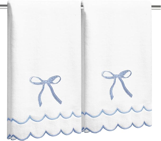 2 Pcs Coquette Bow Hand Towels 15.75 x 27.56 Inch Scalloped Embroidered Dish Towel 100% Cotton Cute Preppy Decorative Bath Hand Towel for Kitchen Bathroom (Blue)