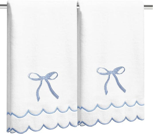 2 Pcs Coquette Bow Hand Towels 15.75 x 27.56 Inch Scalloped Embroidered Dish Towel 100% Cotton Cute Preppy Decorative Bath Hand Towel for Kitchen Bathroom (Blue)