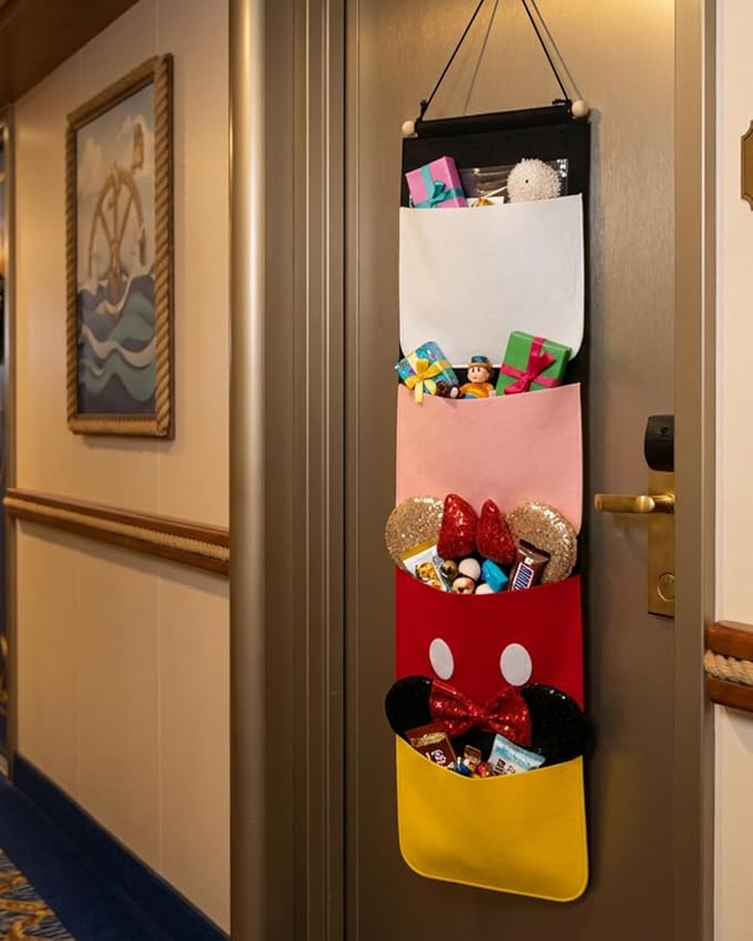 Princess Fish Extender for Cruise Door Gift Exchange, 4 Pocket Felt Hanging Organizer with Colorful Designs, HTV/Iron-On Personalized Door Hanger for Family Cruises (Birthday)