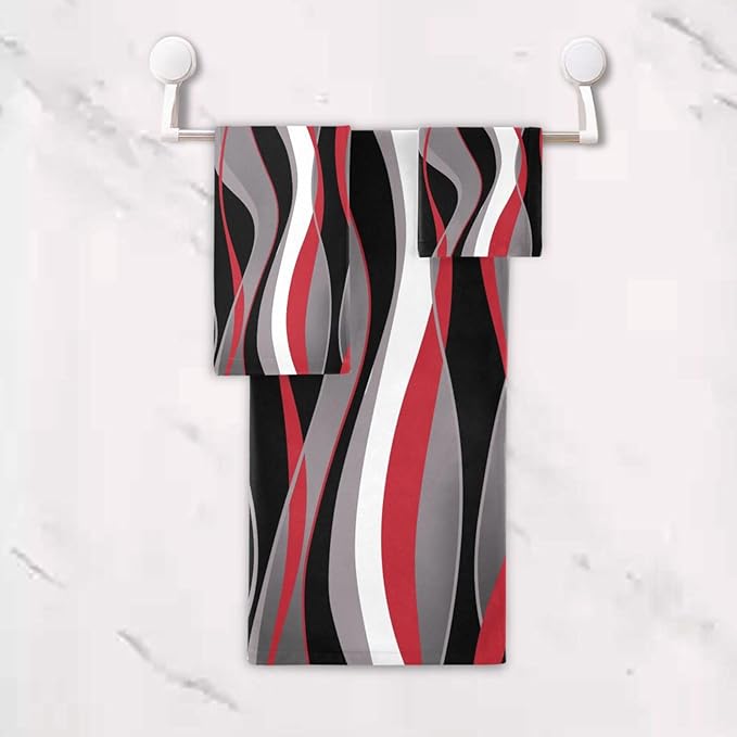 3 Piece Red Black Striped Bath Towels Set,Microfiber Absorbent White Grey Abstract Modern Minimalist Towels for Bathroom,1 Bath Towel,1 Hand Towel,1 Washcloth,Decorative Bathroom Towels