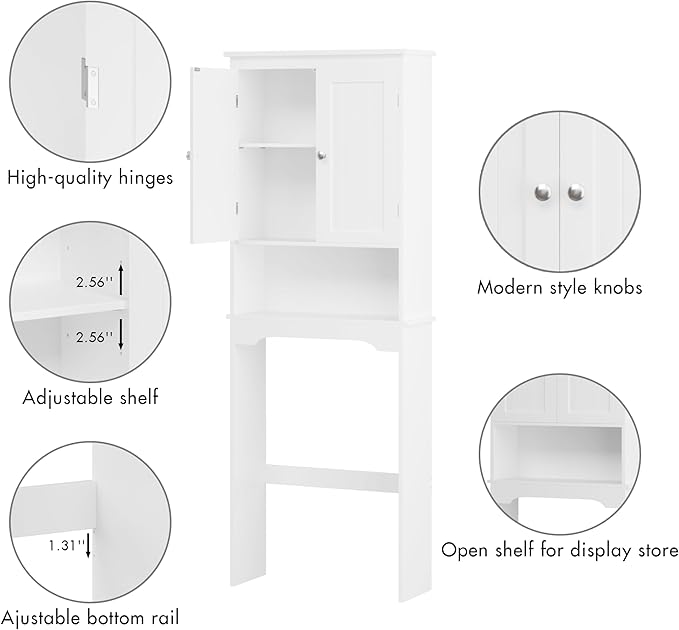 Over The Toilet Storage Cabinet, Bathroom Shelf Over Toilet, Bathroom Organizer and Storage Cabinet,Over Toilet Bathroom Organizer with 2 Doors, Paper Holder and Racks, Bathroom Decor (White-01)