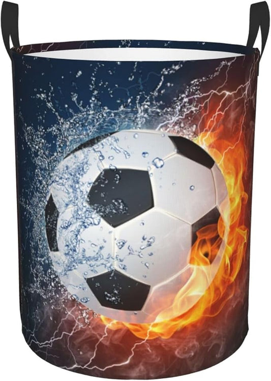 Soccer Ball In Fire And Water Round Laundry Hamper Sport Football Storage Basket Toys Clothes Organizer Bin For Home Bathroom Bedroom Dorm Nursery, 62l