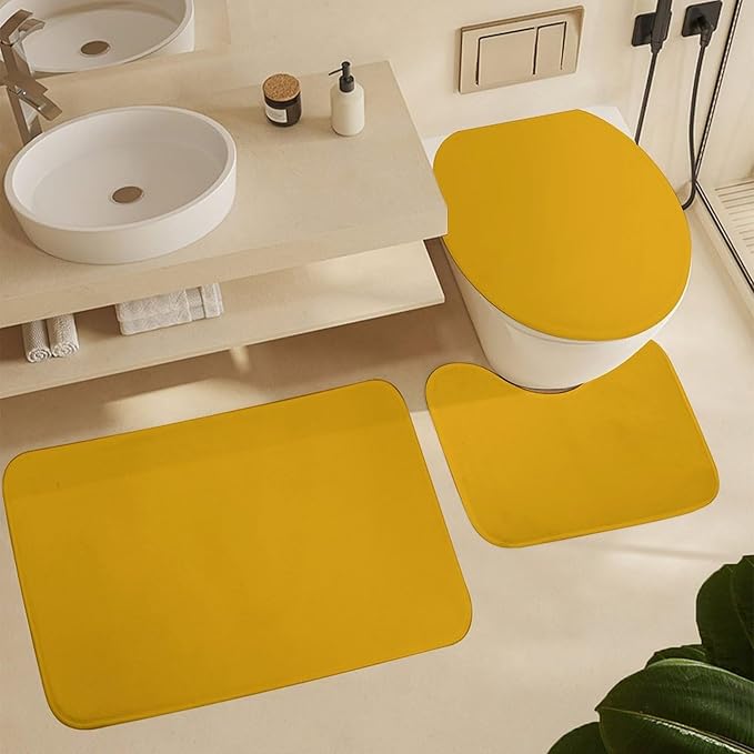 3 Pieces Bath Rug Sets, Mustard Yellow Bathroom Mat Set Non Slip U Shaped Contour Rug & Toilet Lid Cover