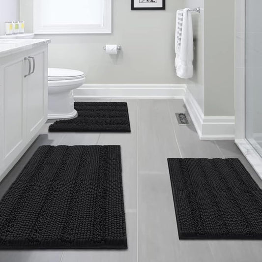 H.VERSAILTEX 3 Piece Bathroom Rugs Sets Thick Striped Bath Rugs Set for Bathroom Non Slip Soft Absorbent Bath Mat Set for Tub, Shower and Toilet(17''x24''+20''x32''+20''x24'' U-Shaped, Jet Black)