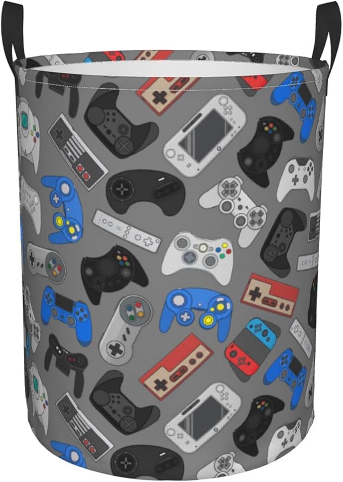 Video Game Controller Grey Background Round Laundry Hamper Storage Basket Toys Clothes Organizer Bin For Home Bathroom Bedroom Dorm Nursery, 38l
