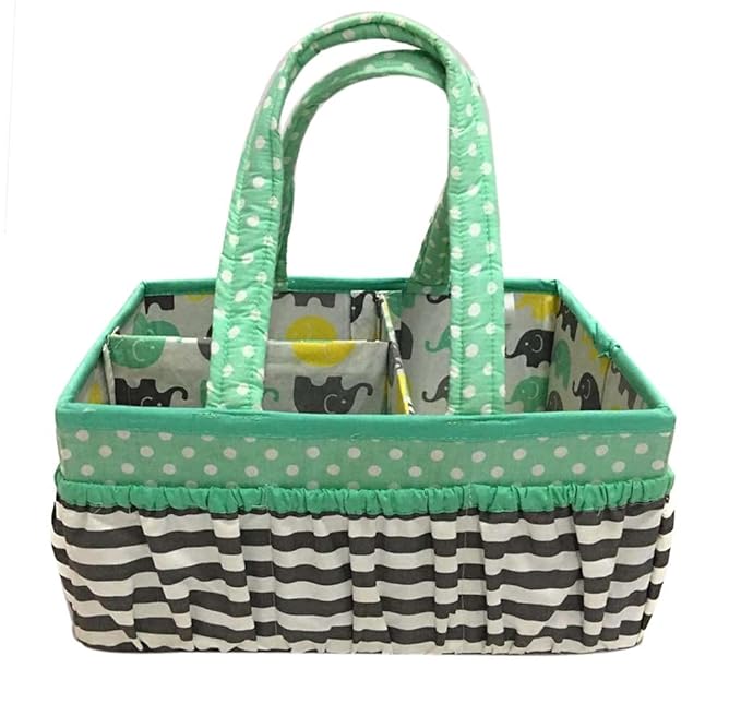 Bacati Elephants Unisex Nursery Fabric Storage Caddy with Handles, Mint/Yellow/Grey