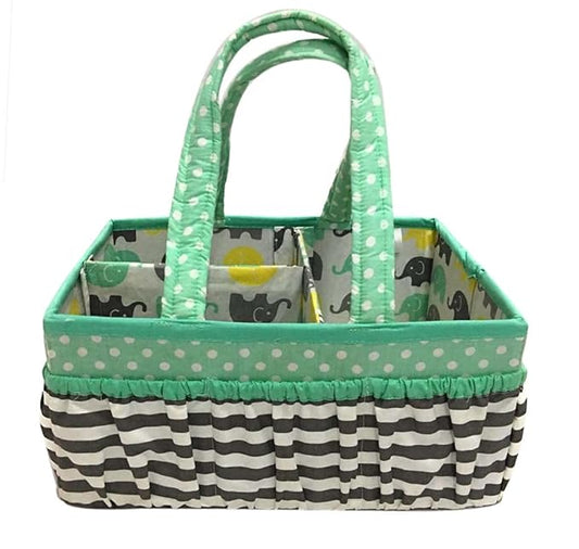 Bacati Elephants Unisex Nursery Fabric Storage Caddy with Handles, Mint/Yellow/Grey