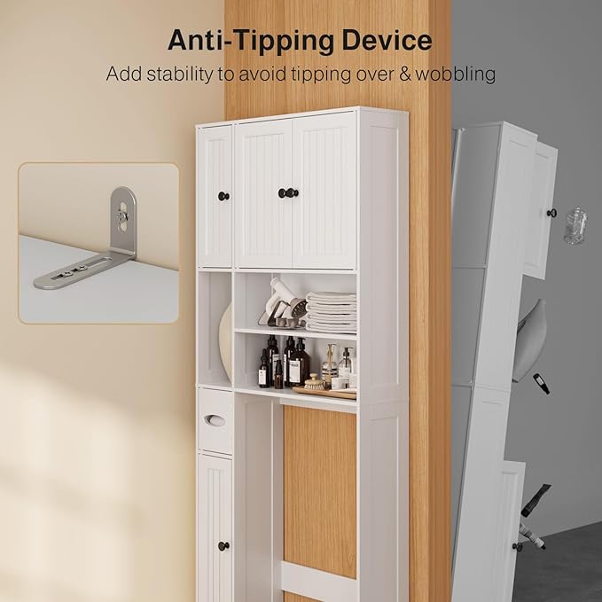 Ahomly Over The Toilet Storage Cabinet with Adjustable Shelves and Five Doors, Over Toilet Bathroom Organizer, Above Toilet Storage Cabinet with Open Shelves for Bathroom, Restroom, Laundry, White