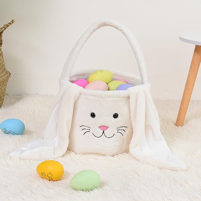 Plush Easter Bunny Basket Bags for Kids, Rabbit Bucket Tote with Long Fluffy Ears, Cute Egg Hunts Party Storage Candy Gifts Carry Bucket Decorations (White)